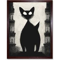 Artery8 Wall Art Print Giant Black Cat Le Chat Noir City Monochrome Art Framed in Brown | Size: W12" x H16"