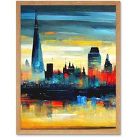 Artery8 Wall Art Print London Skyline Reflecting On River Thames Modern Oil Paint Art Framed in Light Oak | Size: W12" x H16"