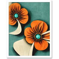 Artery8 Wall Art Print Abstract Papercut Orange & Cream Flowers On Teal Art Framed in White | Size: W12" x H16"