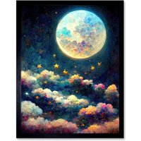 Wall Art Print Dreamy Night Sky Moon Stars Colourful Clouds Cute Art Framed W12" x H16"