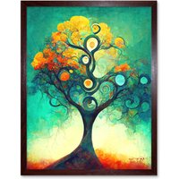Artery8 Wall Art Print Klimt Inspired Luminous Abstract Autumn Fall Tree Art Framed in Brown | Size: W12" x H16"