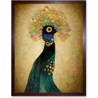Artery8 Wall Art Print Elegant Peacock Portrait In Emerald & Gold Gustav Klimt Art Framed in Brown | Size: W12" x H16"