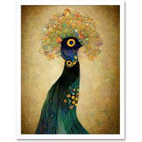 Artery8 Wall Art Print Elegant Peacock Portrait In Emerald & Gold Gustav Klimt Art Framed in White | Size: W12" x H16"