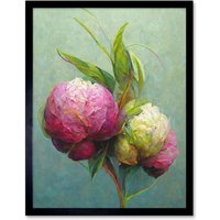 Artery8 Wall Art Print Modern Pink & White Peony Flowers In Teal Art Framed in Black | Size: W12" x H16"