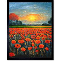 Artery8 Wall Art Print Flanders Field At Sunset Expressionism Oil Paint Poppy Flowers Art Framed in Black | Size: W12" x H16"