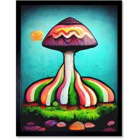 Artery8 Wall Art Print Colourful Psychedelic Cartoon Mushroom Painting Art Framed in Black | Size: W12" x H16"