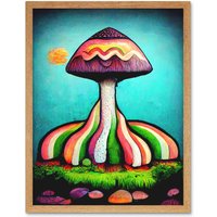 Artery8 Wall Art Print Colourful Psychedelic Cartoon Mushroom Painting Art Framed in Light Oak | Size: W12" x H16"