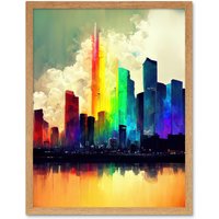 Artery8 Wall Art Print Glass City Of Rainbow Reflections Cityscape Art Framed in Light Oak | Size: W12" x H16"