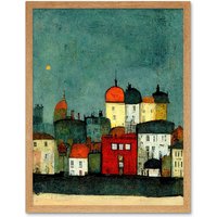 Artery8 Wall Art Print Playful Town Skyline Scene At Night With Pastels & Ink Art Framed in Light Oak | Size: W12" x H16"