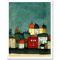 Artery8 Wall Art Print Playful Town Skyline Scene At Night With Pastels & Ink Art Framed in White | Size: W12" x H16"