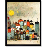 Artery8 Wall Art Print Mid Day Sun Town Skyline Art Framed in Black | Size: W12" x H16"