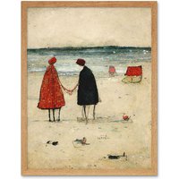 Artery8 Wall Art Print Perfect Day For A Walk Couple Beach Scene Art Framed in Light Oak | Size: W12" x H16"