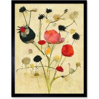 Artery8 Wall Art Print Wild Flower Pastel & Ink Abstract Art Framed in Black | Size: W12" x H16"
