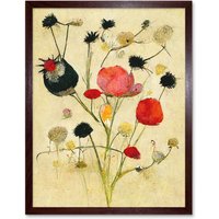 Artery8 Wall Art Print Wild Flower Pastel & Ink Abstract Art Framed in Brown | Size: W12" x H16"