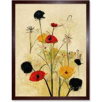 Artery8 Wall Art Print Red Poppies & Yellow Marigolds Wild Flowers Art Framed in Brown | Size: W12" x H16"