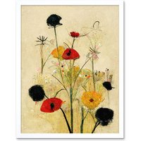 Artery8 Wall Art Print Red Poppies & Yellow Marigolds Wild Flowers Art Framed in White | Size: W12" x H16"
