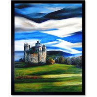 Artery8 Wall Art Print Modern Oil Paint Doune Scottish Castle Saltire Sky Art Framed in Black | Size: W12" x H16"