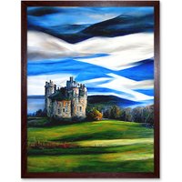 Artery8 Wall Art Print Modern Oil Paint Doune Scottish Castle Saltire Sky Art Framed in Brown | Size: W12" x H16"