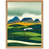 Artery8 Wall Art Print Scottish Highland Munros Landscape Linocut Art Framed in Light Oak | Size: W12" x H16"