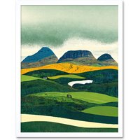 Artery8 Wall Art Print Scottish Highland Munros Landscape Linocut Art Framed in White | Size: W12" x H16"