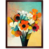 Artery8 Wall Art Print Modern Abstract Oil Paint Vibrant Summer Flower Bouquet In Vase Art Framed in Brown | Size: W12" x H16"