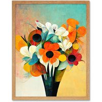 Artery8 Wall Art Print Modern Abstract Oil Paint Vibrant Summer Flower Bouquet In Vase Art Framed in Light Oak | Size: W12" x H16"