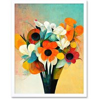Artery8 Wall Art Print Modern Abstract Oil Paint Vibrant Summer Flower Bouquet In Vase Art Framed in White | Size: W12" x H16"