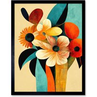 Artery8 Wall Art Print Vibrant Modern Abstract Oil Painting Summer Flower Bouquet Teal Orange Art Framed in Black | Size: W12" x H16"