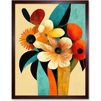 Artery8 Wall Art Print Vibrant Modern Abstract Oil Painting Summer Flower Bouquet Teal Orange Art Framed in Brown | Size: W12" x H16"