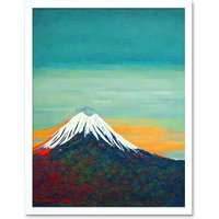 Artery8 Wall Art Print Mount Fuji Volcano Peak At Sunrise Art Framed in White | Size: W12" x H16"