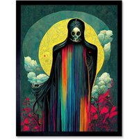 Artery8 Wall Art Print Death Tarot Card Skull Full Moon Art Framed in Black | Size: W12" x H16"