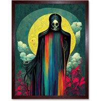 Artery8 Wall Art Print Death Tarot Card Skull Full Moon Art Framed in Brown | Size: W12" x H16"