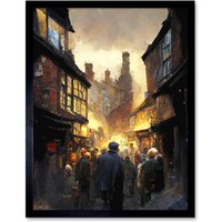 Artery8 Wall Art Print The Shambles York Medieval City Street Oil Painting Art Framed in Black | Size: W12" x H16"
