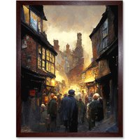 Artery8 Wall Art Print The Shambles York Medieval City Street Oil Painting Art Framed in Brown | Size: W12" x H16"