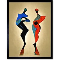Artery8 Wall Art Print Two Posing Models In Red & Blue Abstract Modern Painting Art Framed in Black | Size: W12" x H16"