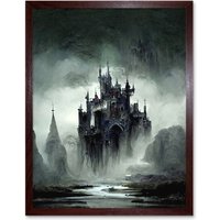 Artery8 Wall Art Print Dark Gothic Castle Fantasy Landscape Art Framed in Brown | Size: W12" x H16"