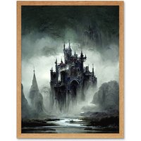 Artery8 Wall Art Print Dark Gothic Castle Fantasy Landscape Art Framed in Light Oak | Size: W12" x H16"
