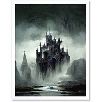 Artery8 Wall Art Print Dark Gothic Castle Fantasy Landscape Art Framed in White | Size: W12" x H16"