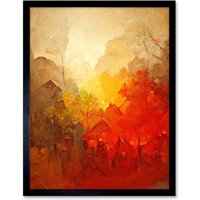 Artery8 Wall Art Print Hidden Village Autumn Forest Warm Glow Watercolour Art Framed in Black | Size: W12" x H16"