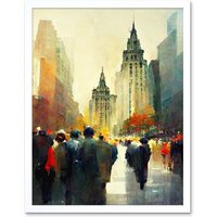Artery8 Wall Art Print Autumn On Wall Street New York City Painting Art Framed in White | Size: W12" x H16"