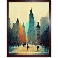 Artery8 Wall Art Print Twilight Wall Street New York City NYC Skyline Art Framed in Brown | Size: W12" x H16"