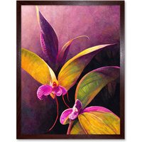 Artery8 Wall Art Print Pink Orchid Vibrant Mauve Flowers Painting Art Framed in Brown | Size: W12" x H16"
