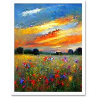 Artery8 Wall Art Print Sunset Wildflower Peaceful Summer Meadow Oil Painting Art Framed in White | Size: W12" x H16"