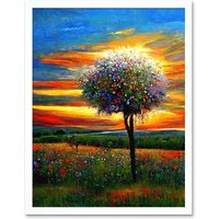 Artery8 Wall Art Print The Wildflower Tree Summer Meadow Oil Painting Art Framed in White | Size: W12" x H16"