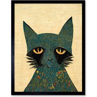 Artery8 Wall Art Print William Morris Style Floral Blue Cat Art Framed in Black | Size: W12" x H16"