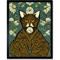 Artery8 Wall Art Print Floral Paisley Illustrated Golden Cat William Morris Art Framed in Black | Size: W12" x H16"