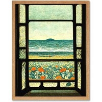 Artery8 A Sea View Seaside Beach Flowers William Morris 12x16" Framed Art in Light Oak | Size: W12" x H16"