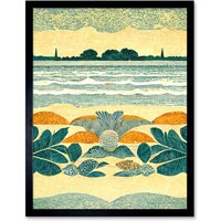 Artery8 Wall Art Print Seaweed Sunshine & Seashells Beach Scene Seascape Art Framed in Black | Size: W12" x H16"