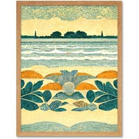 Artery8 Wall Art Print Seaweed Sunshine & Seashells Beach Scene Seascape Art Framed in Light Oak | Size: W12" x H16"