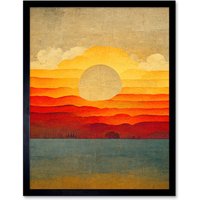 Artery8 Wall Art Print Modern Abstract Sunset Seascape Painting Art Framed in Black | Size: W12" x H16"